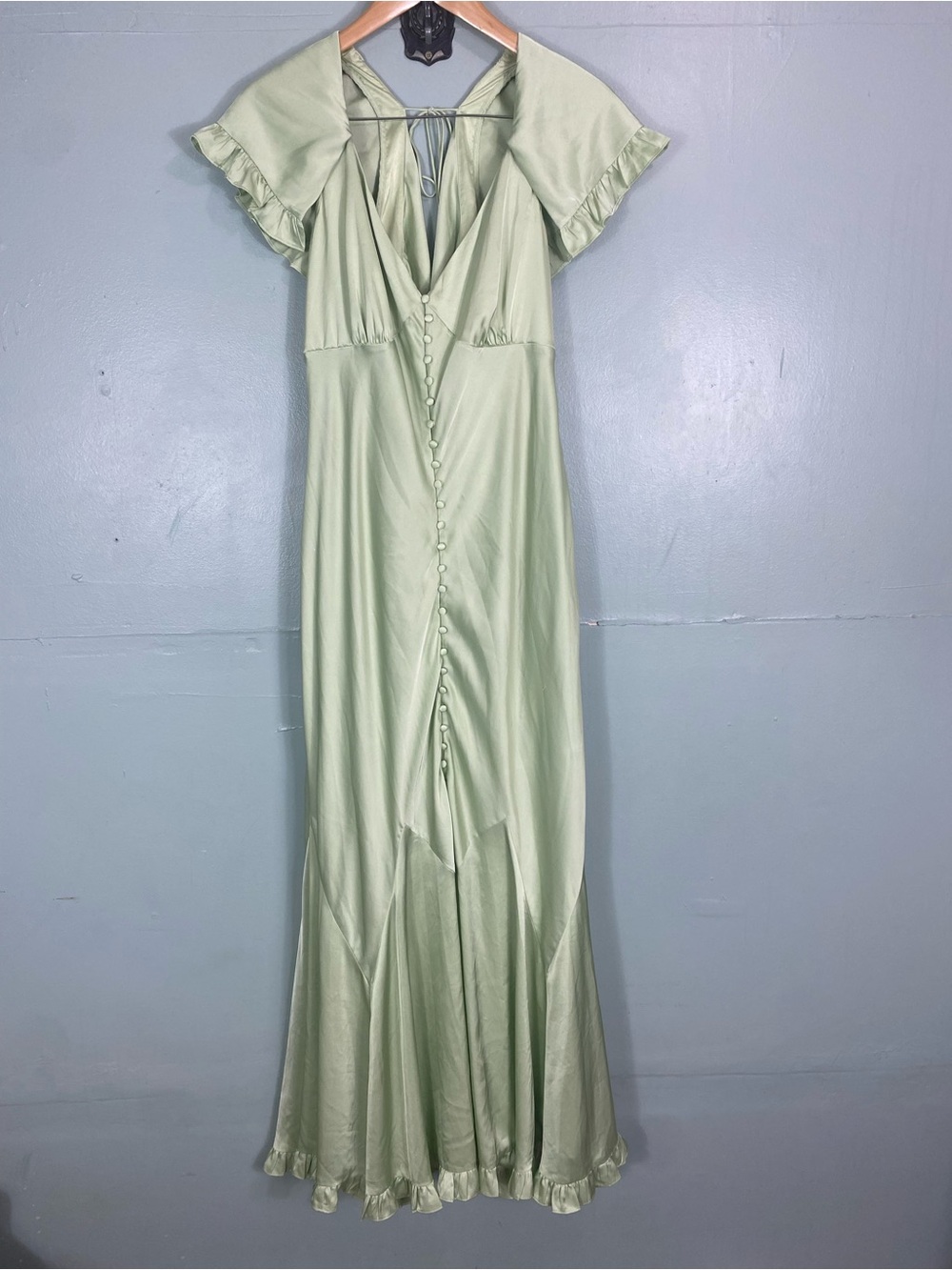 BHLDN Caped Satin Maxi Dress Green Ruffle XL - Picture 2 of 10